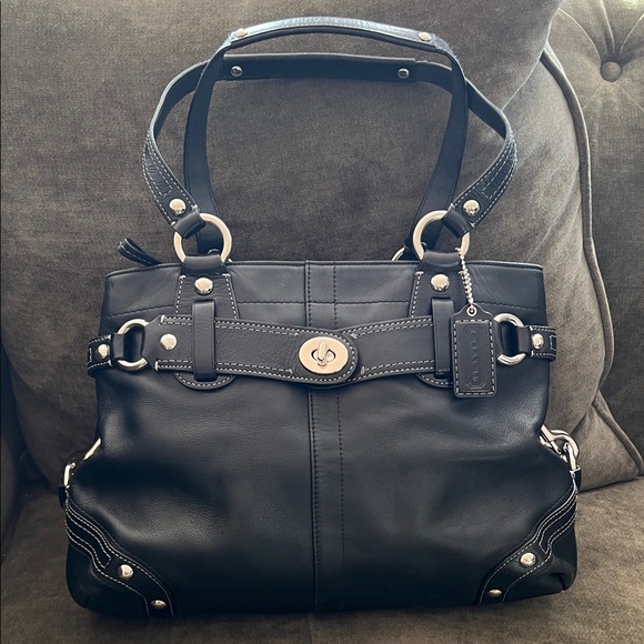 Coach Black Leather Shoulder Bag with Silver Accents
